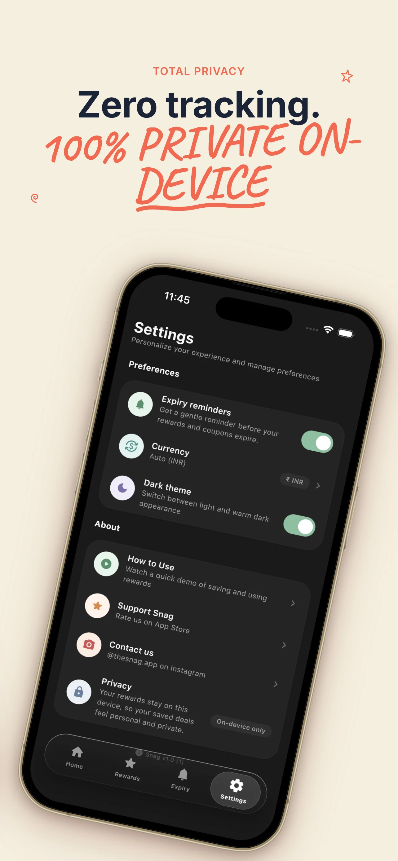 Zero tracking, 100% private on-device